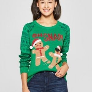 Well Worn - Green Knit Christmas Gingerbread Oversized Crew Neck Sweater